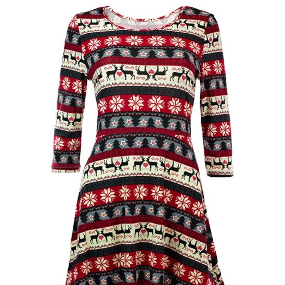 NWt Red & Black Snowflake Stripe Long-Sleeve A-Line Dress - M - Picture 1 of 2